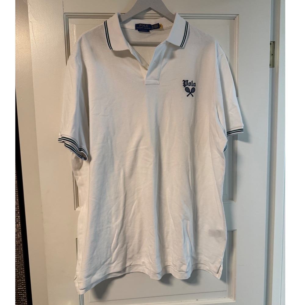 Polo Ralph Lauren Mens XL Classic Fit White Tennis Racket Embroidered Polo Shirt